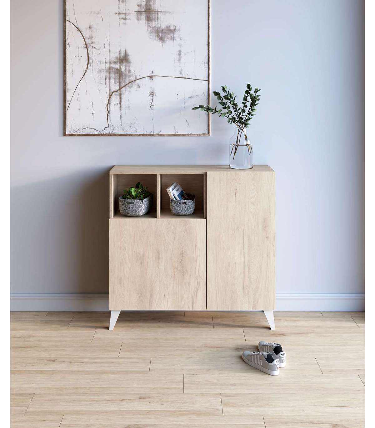 Zapatero Modelo 510, Acabado Roble Claro, Patas Blanco, 90x90x26 (alto X Ancho X Fondo)_4