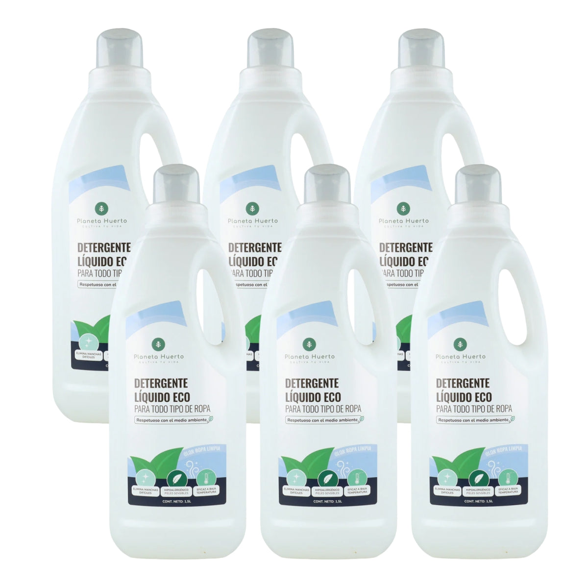 Embalagem de 6 detergentes líquidos para roupa ecológicos com aroma natural para roupa limpa, Planeta Huerto, 1,5 litros