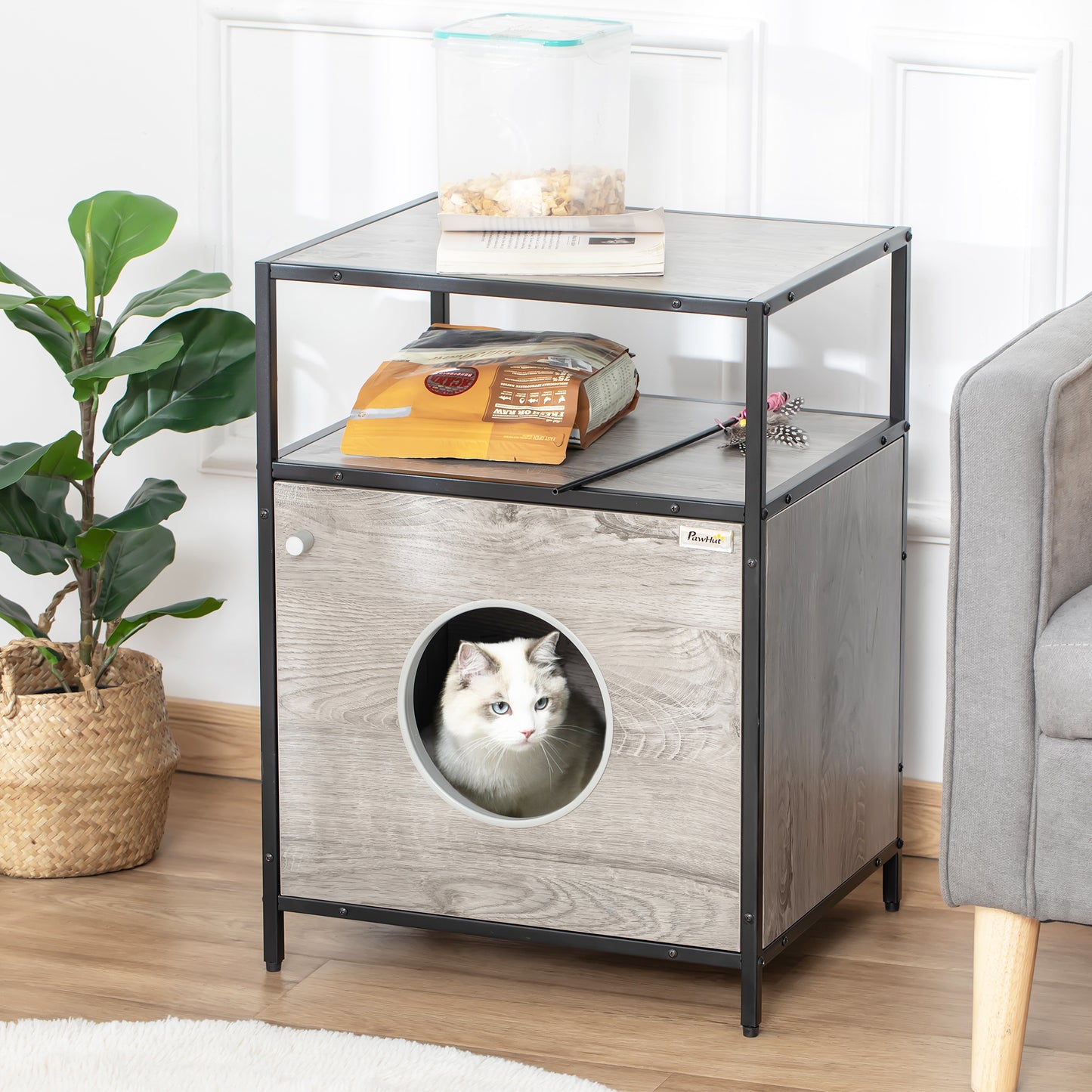 Pawhut Casa Para Gatos De Madera Mesa Auxiliar Con 2 Estantes Y Cojín Extraíble_1