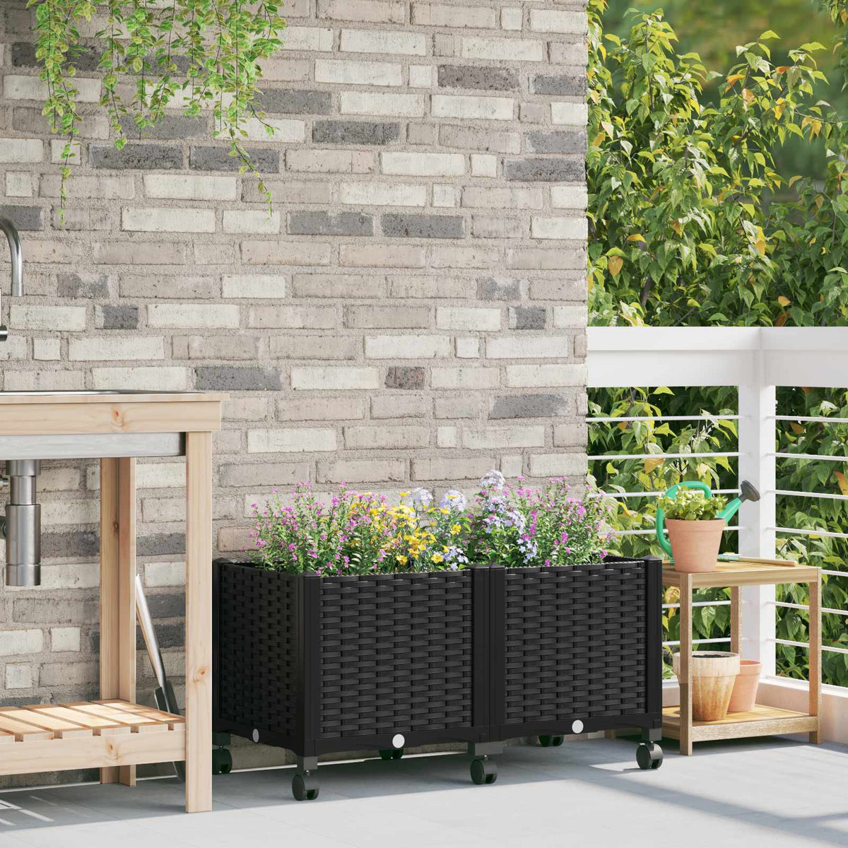 Macetero De Jardín Con Ruedas Negro 80 X 40 X 44 Cm Pp_1