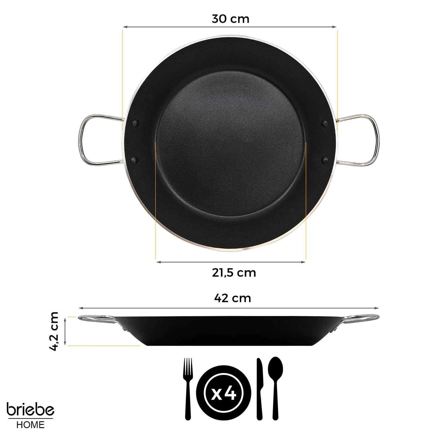 Briebe Paellera Inducción 30cm, 4 Raciones, Aluminio Prensado, Antiadherente Sin Pfoa, 3mm Espesor, Zafrán, Negro_5