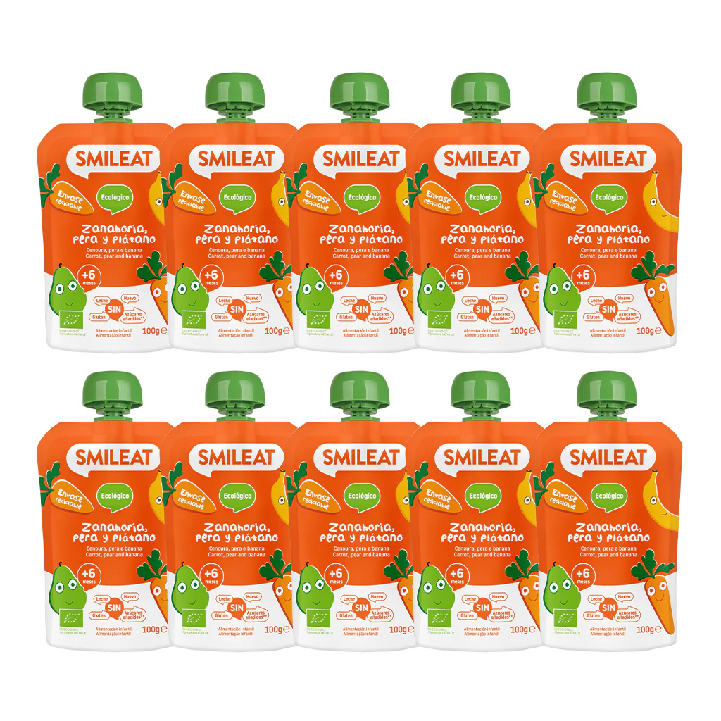 Pack de 10 saquetas de Smileat Pêra, Banana e Cenoura 100 g