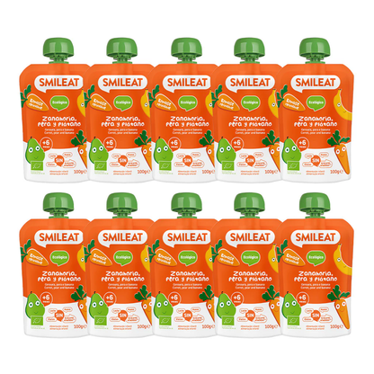 Pack de 10 saquetas de Smileat Pêra, Banana e Cenoura 100 g