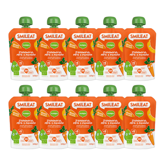 Pack de 10 saquetas de Smileat Pêra, Banana e Cenoura 100 g