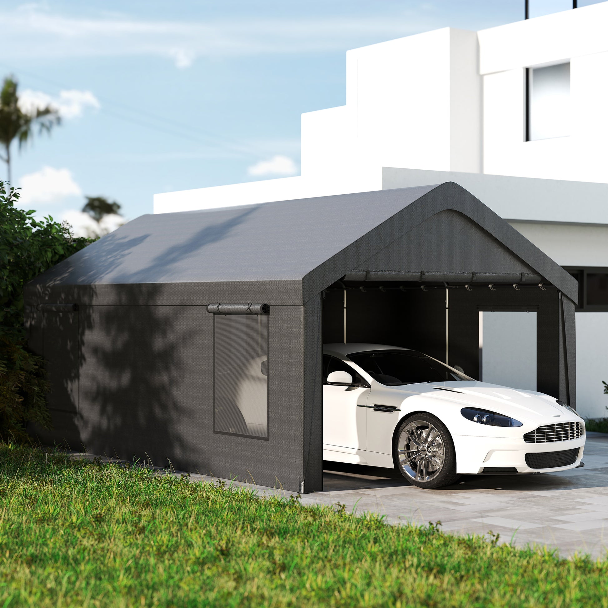 Outsunny Carpa Garaje 6x3,6m Impermeable Con Paredes Laterales Desmontables Gris_1