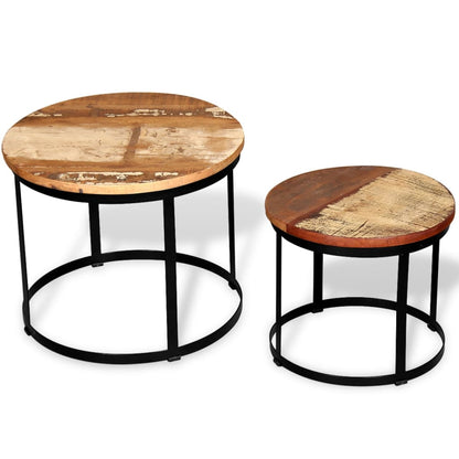 Mesa De Centro Redonda 2 Uds Madera Maciza Reciclada 40cm/50cm_0