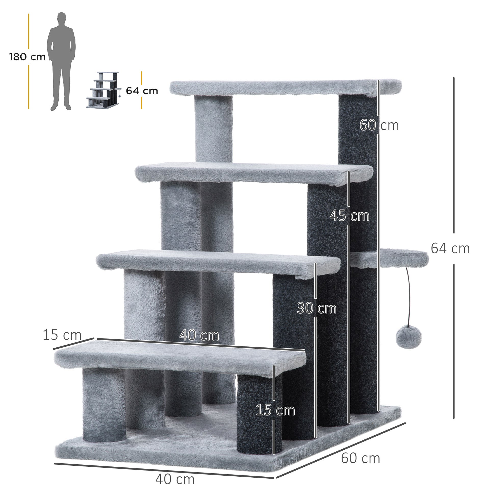 Pawhut Escalera Para Gatos De 4 Niveles Con Bola Colgante 60x40x64 Cm Gris_2