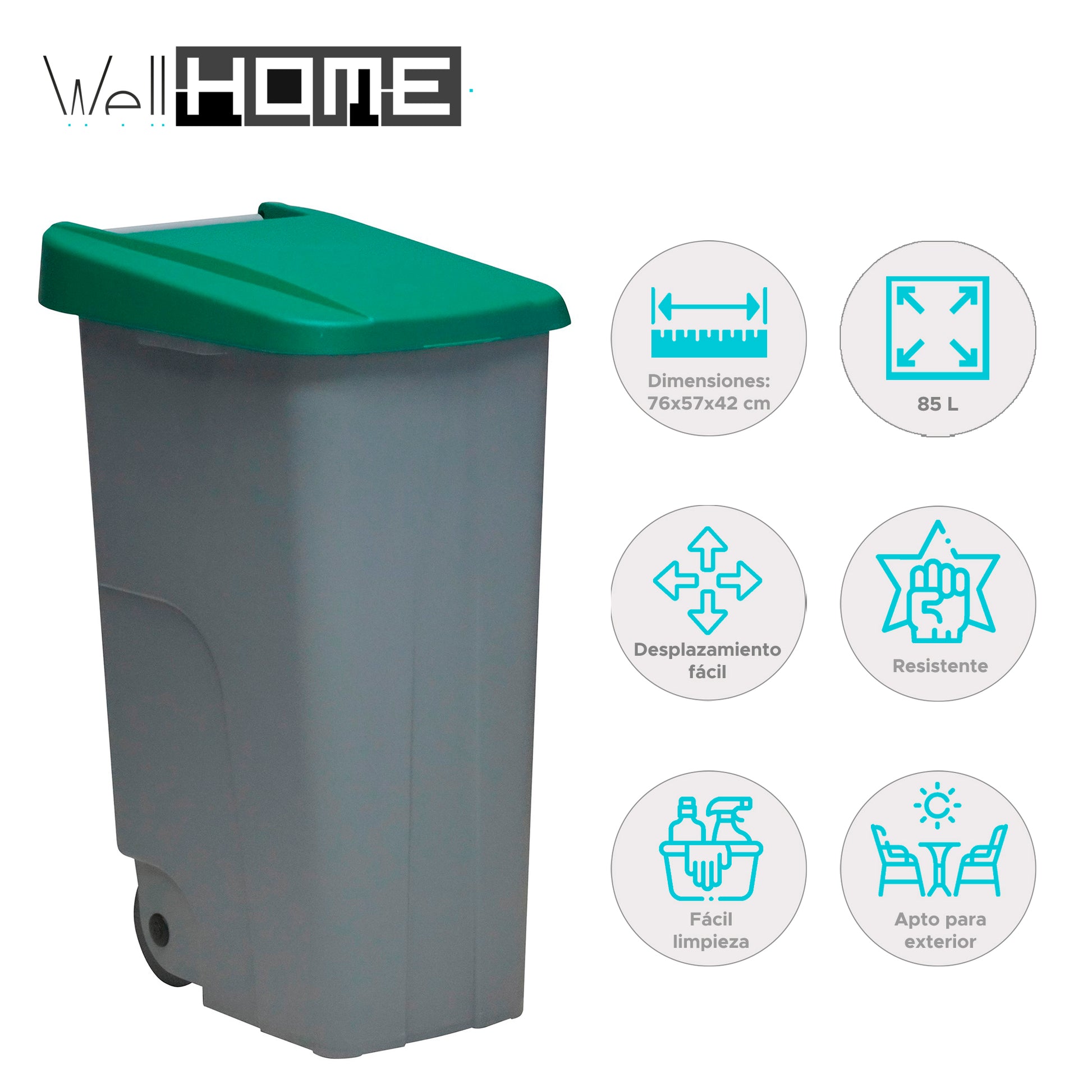 Contenedor Reciclo 85l Verde Cerrado 76x57x42 Cm Wellhome_1