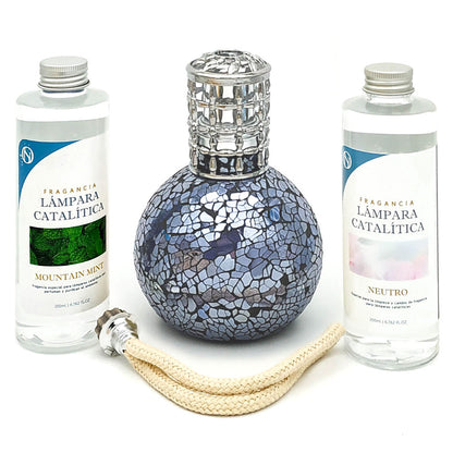 Pack Lámpara Catalítica Mosaico Azul Océano + Fragancia Mountain Mint 200ml + Limpiador Neutro 200ml + Mecha De Repuesto_0