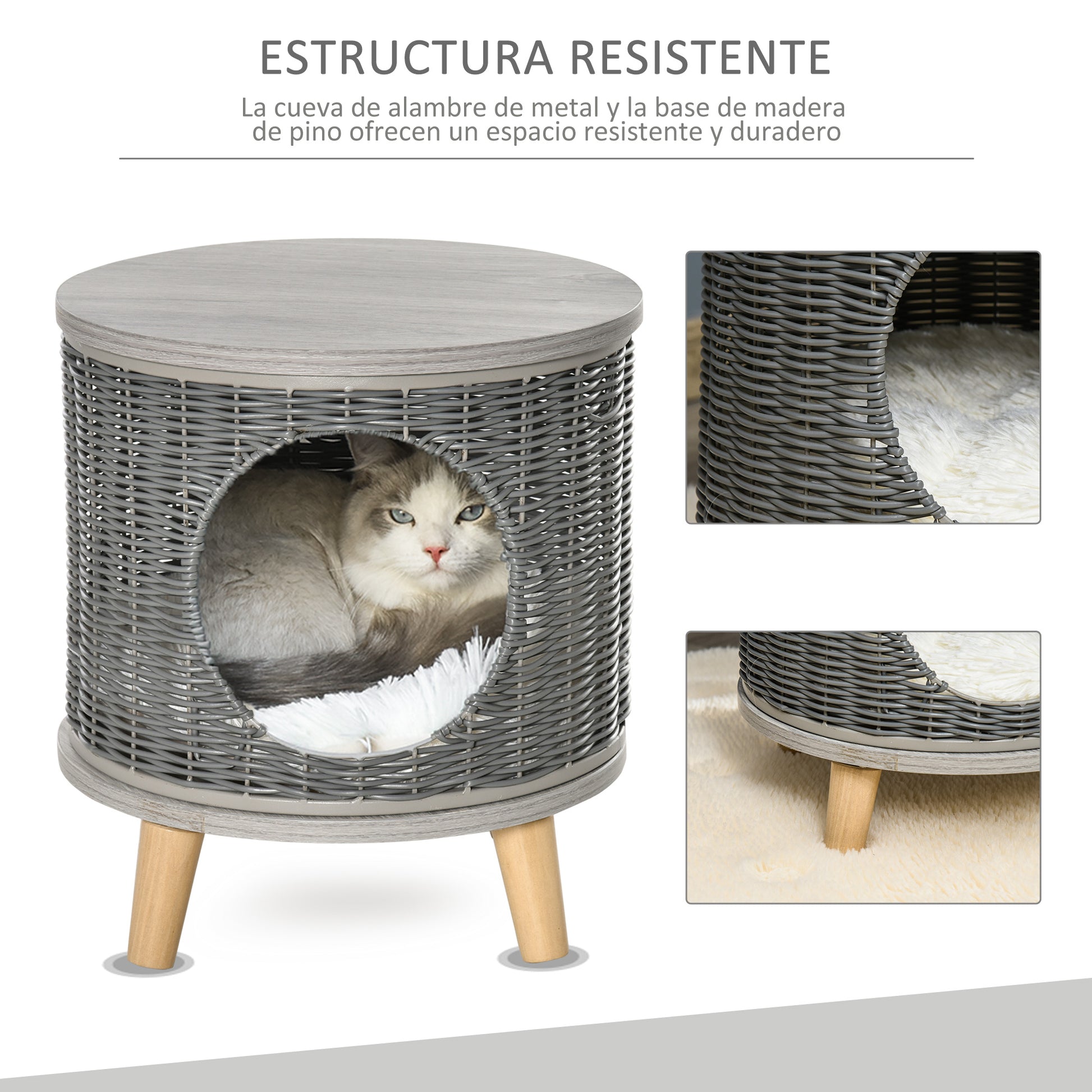 Pawhut Cueva Para Gatos Ratán Ø36x40,5cm Cojín Lavable Patas De Madera Extraíble_5