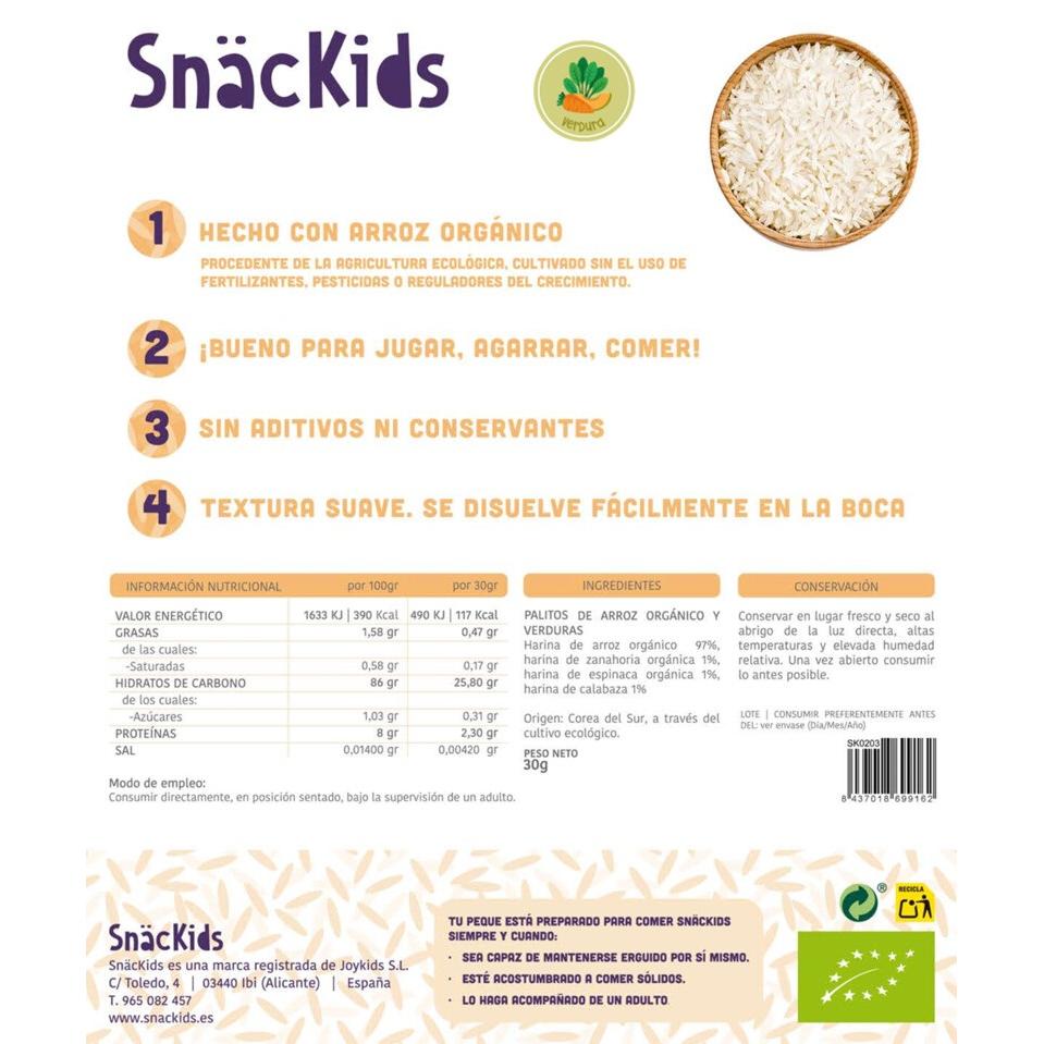 Lanche biológico para bebé +8 meses Palitos de Arroz e Legumes