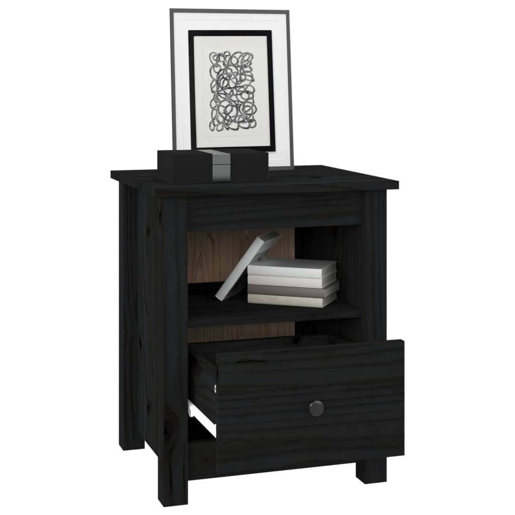 Mesita De Noche Madera Maciza De Pino Negra 40x35x49 Cm_2