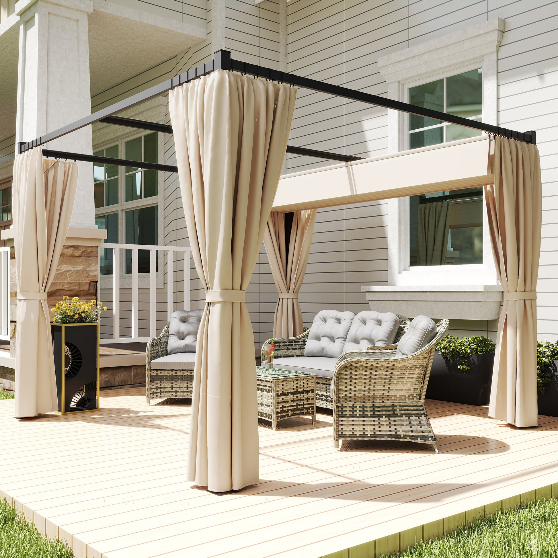 Outsunny Pérgola De Jardín 3x3 M Con Techo Y Paredes Laterales Retráctil Beige_1