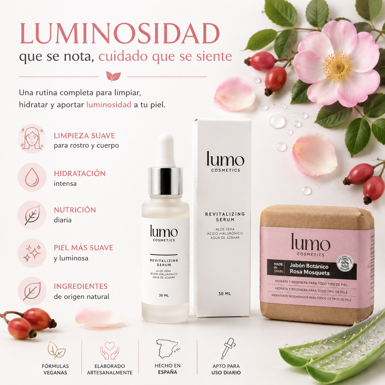 Pack Luminosidad | Sérum Ácido Hialurónico + Jabón Rosa Mosqueta | Hidratación Facial y Corporal_1