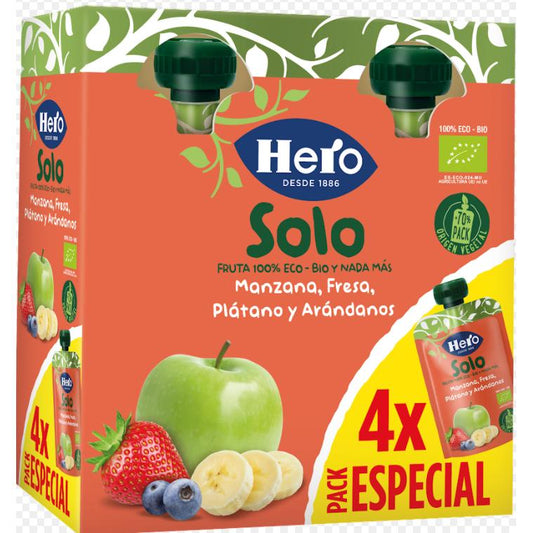 Saco de Fruta 100% Biológico Sabor Maçã, Morango, Banana e Mirtilo 4x100 g - Hero Solo