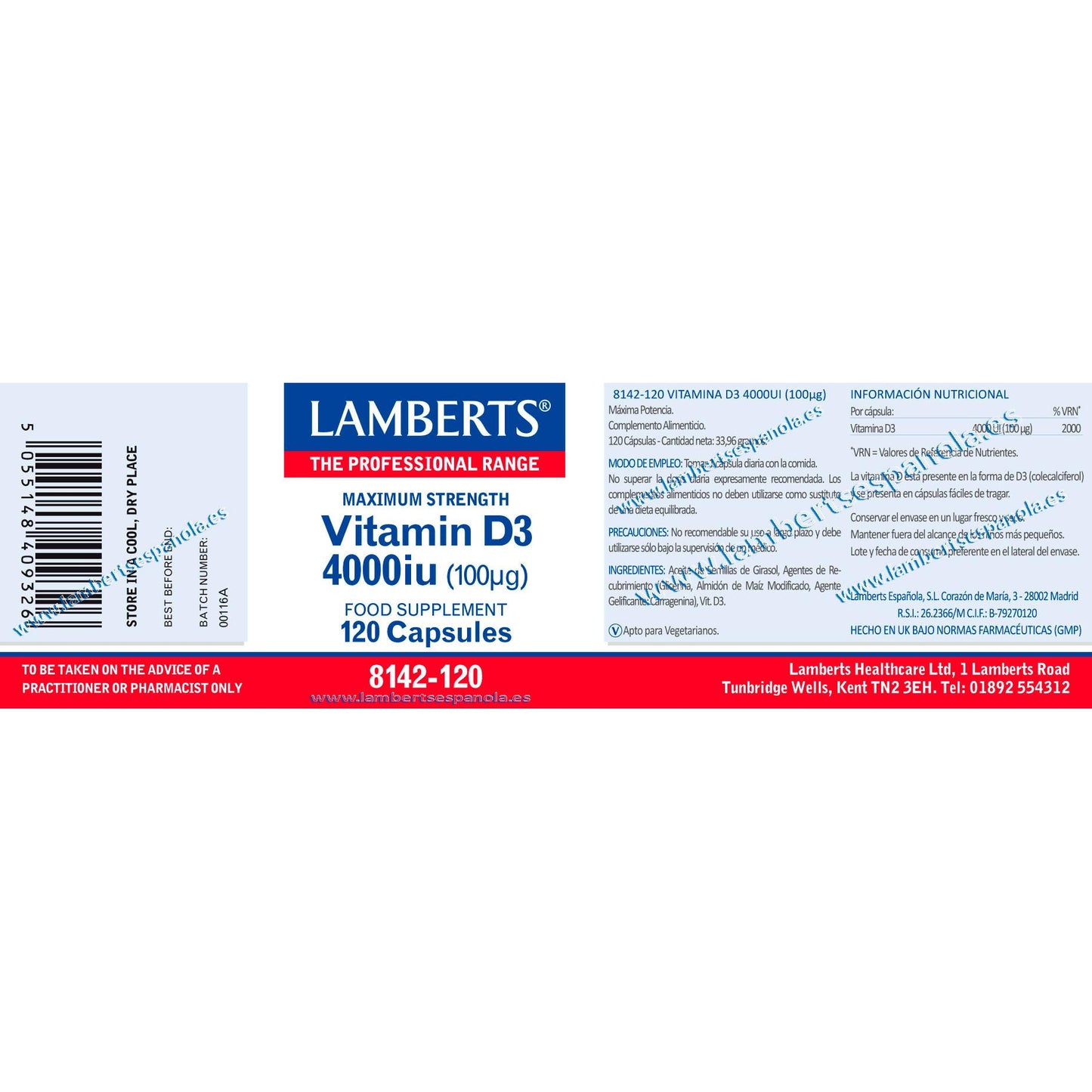 Vitamina D3 4000 UI (100 µg) Lamberts, 120 cápsulas