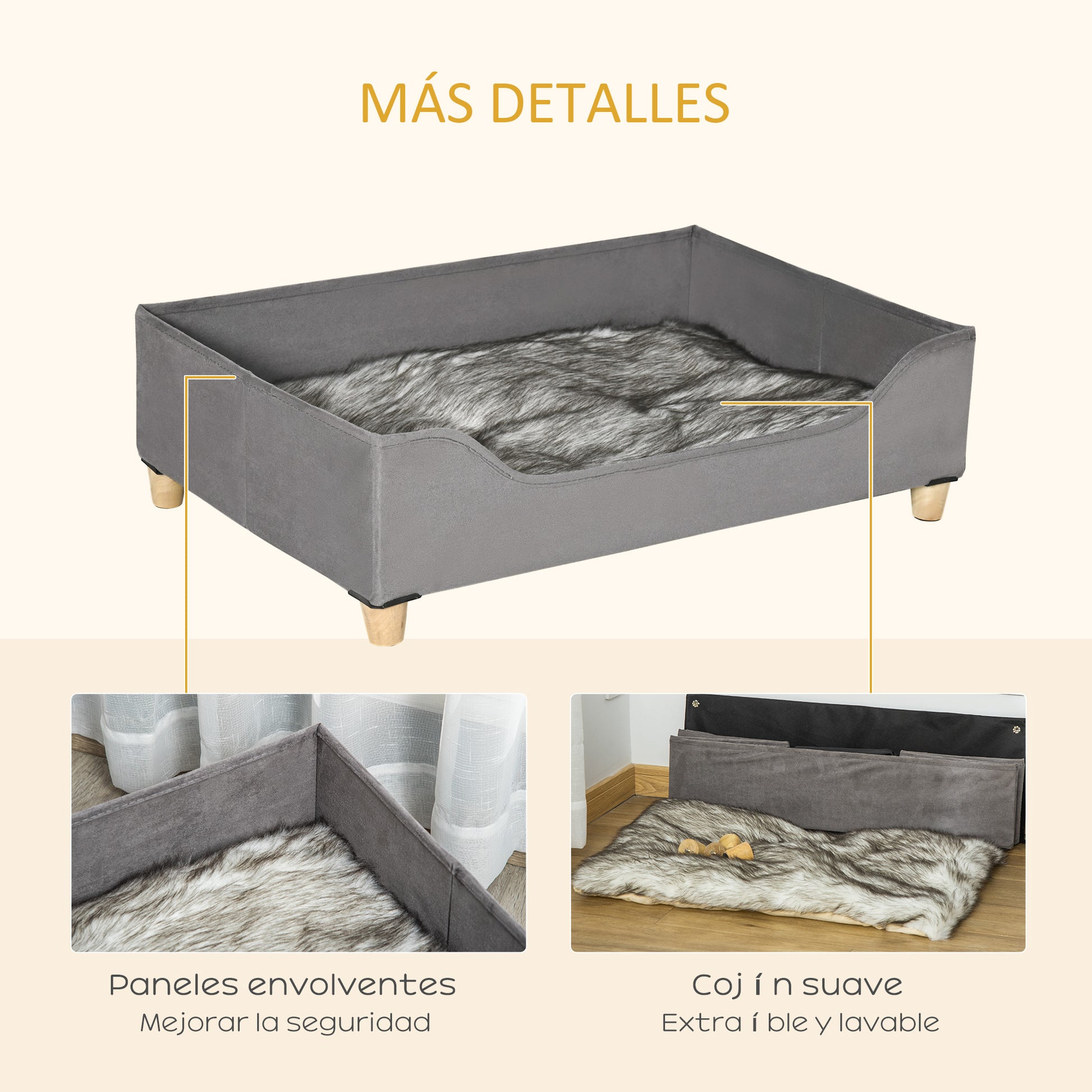 Pawhut Sofá Cama Para Mascotas Con Cojín Extraíble Patas De Madera 81x56x23,5 Cm_5