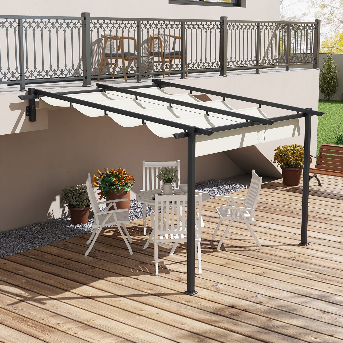 Outsunny Pérgola De Pared 3x3 M Con Techo Retráctil De Poliéster Crema Y Gris_1
