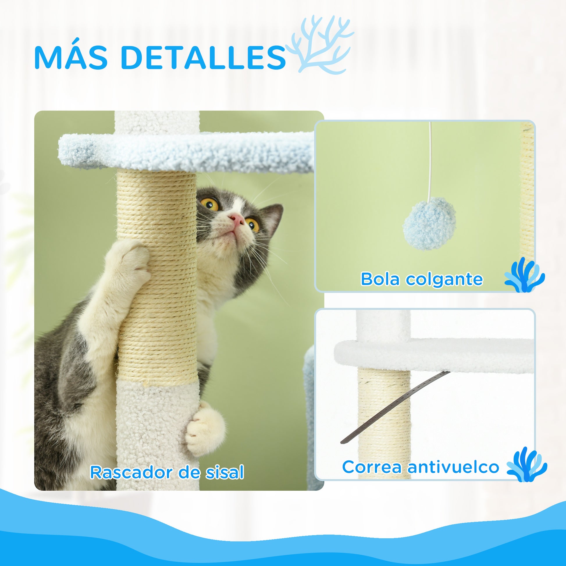 Pawhut Árbol Rascador Para Gatos Grandes De 155 Cm Con Cama Hamaca Blanco Y Azul_5
