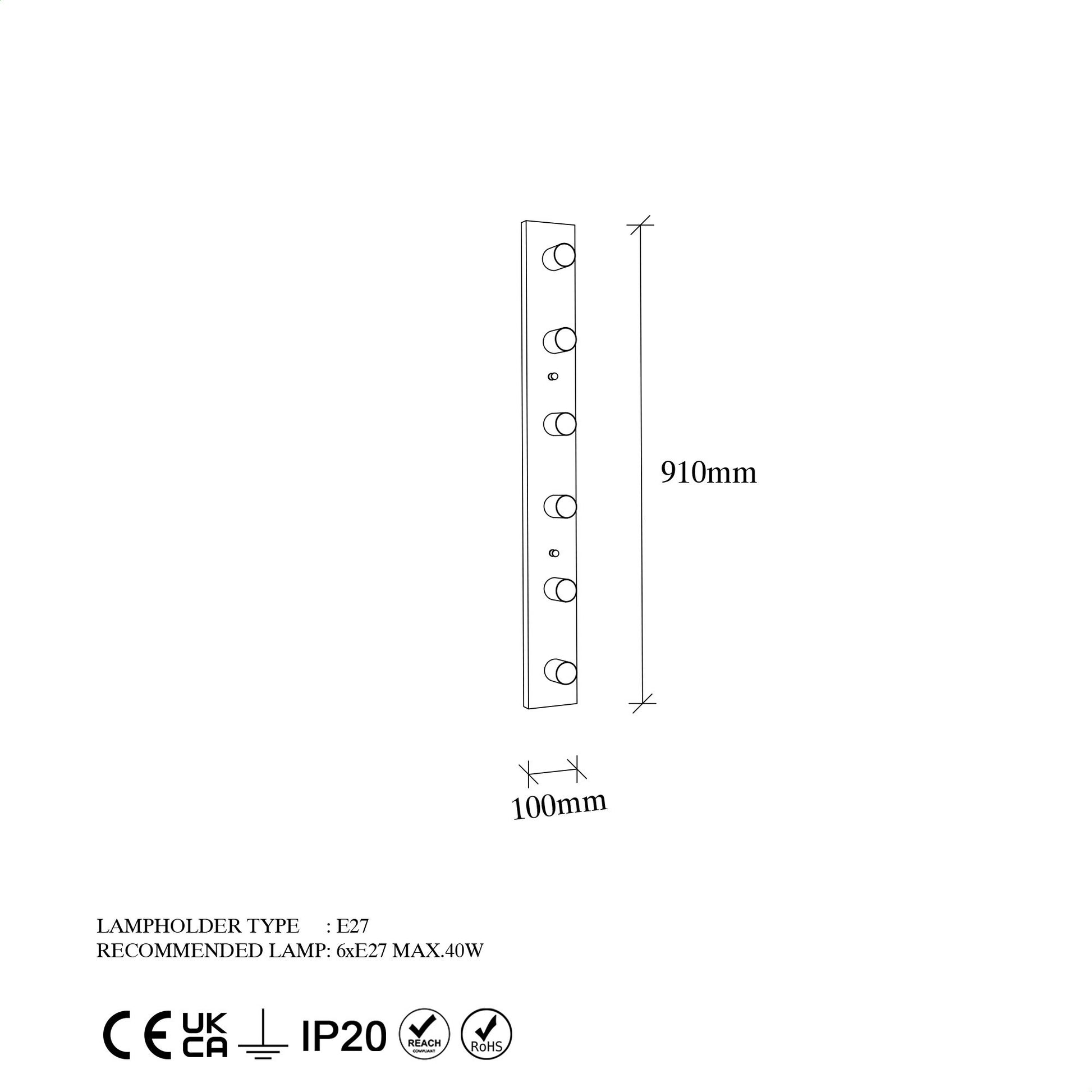 Aplique De Pared, Metal , Negro, 10x10x91, Casquillo 6 X E27 Max 40 W