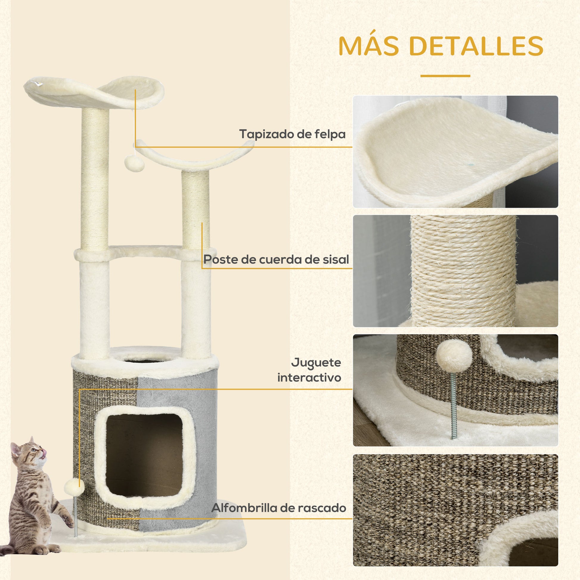 Pawhut Árbol Rascador Para Gatos 110 Cm Con Caseta Plataformas Postes De Sisal_5