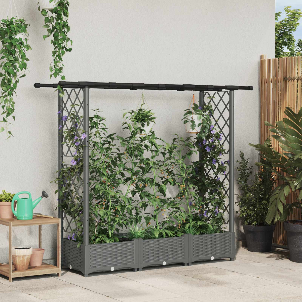 Cama Elevada Con Trellis Y Techo Gris Claro 164 X 40 X 121 Cm_1