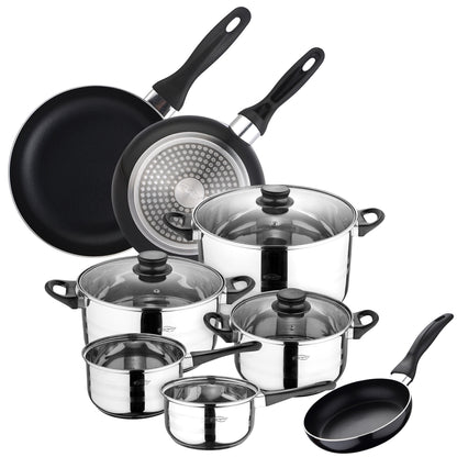 Batería De Cocina Sip 8 Piezas (dos Cazos + Tres Ollas Con Tapa De Vidrio) Con Set De 3 Sartenes Ø16/20/24 Cms Color Negro., Inducción