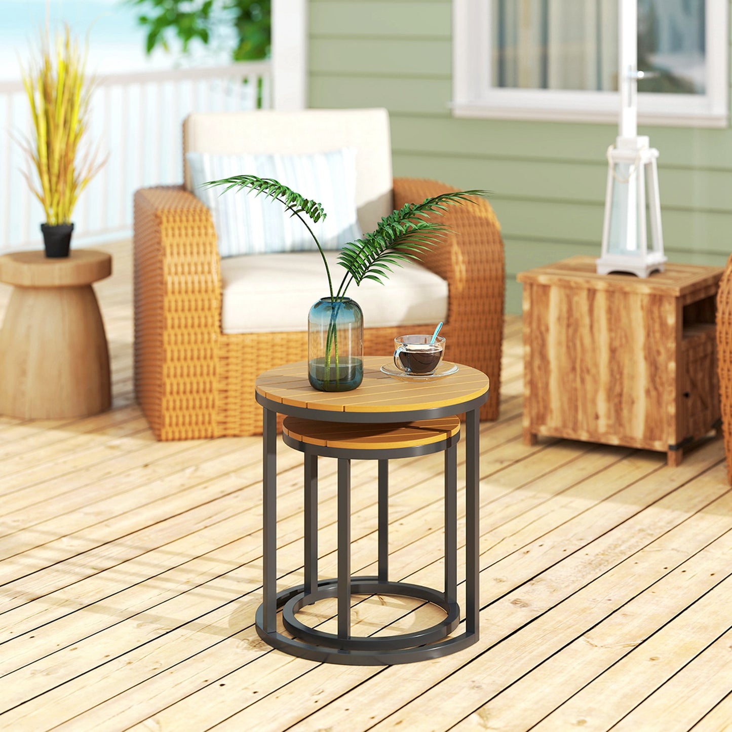 Outsunny Juego De 2 Mesas De Jardín Con Encimera De Madera Diseño Listones Teca_4