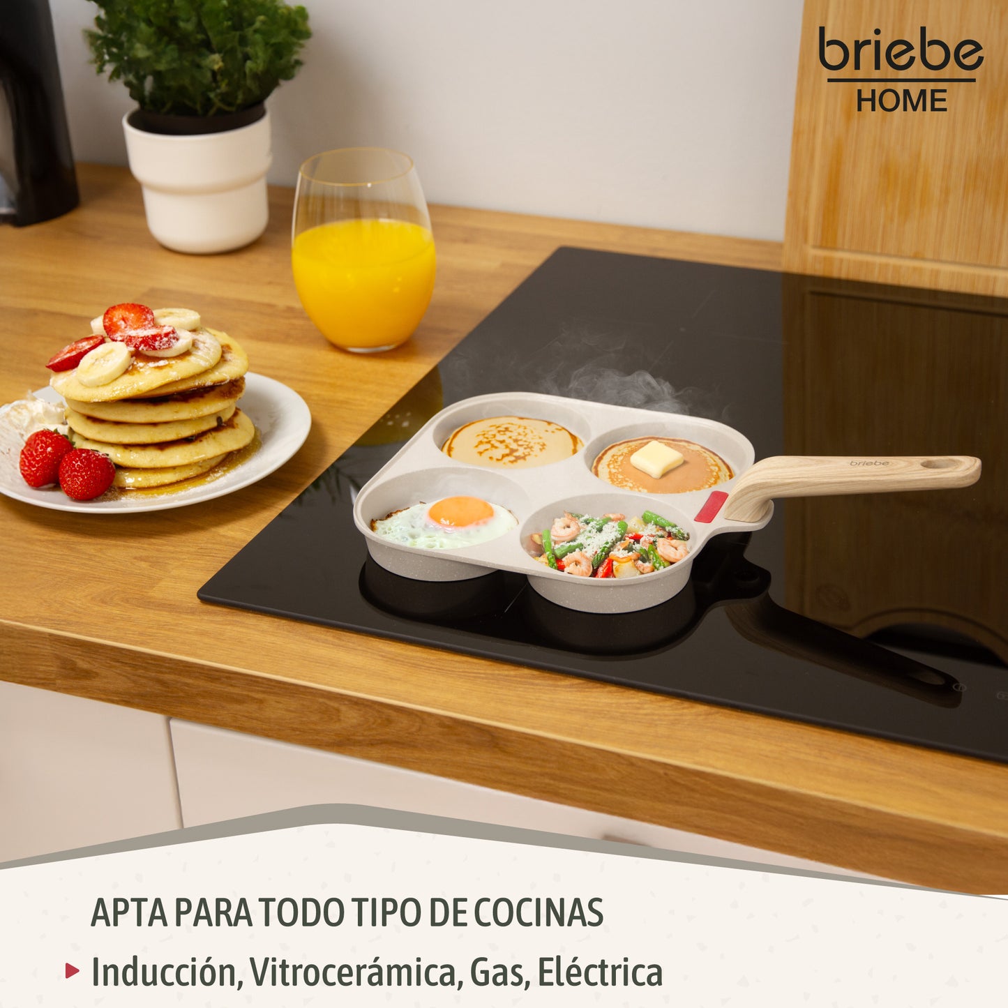 Briebe Sartén 4 Tortitas Huevos Fritos Poché, Tapa Vidrio, Aluminio Antiadherente Libre De Ptfe Y Pfoa, Fpe1176, Crema_4