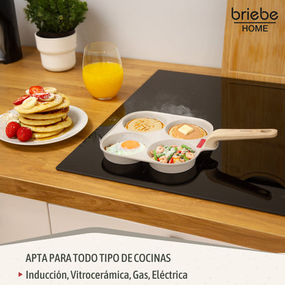 Briebe Sartén 4 Tortitas Huevos Fritos Poché, Tapa Vidrio, Aluminio Antiadherente Libre De Ptfe Y Pfoa, Fpe1176, Crema_4