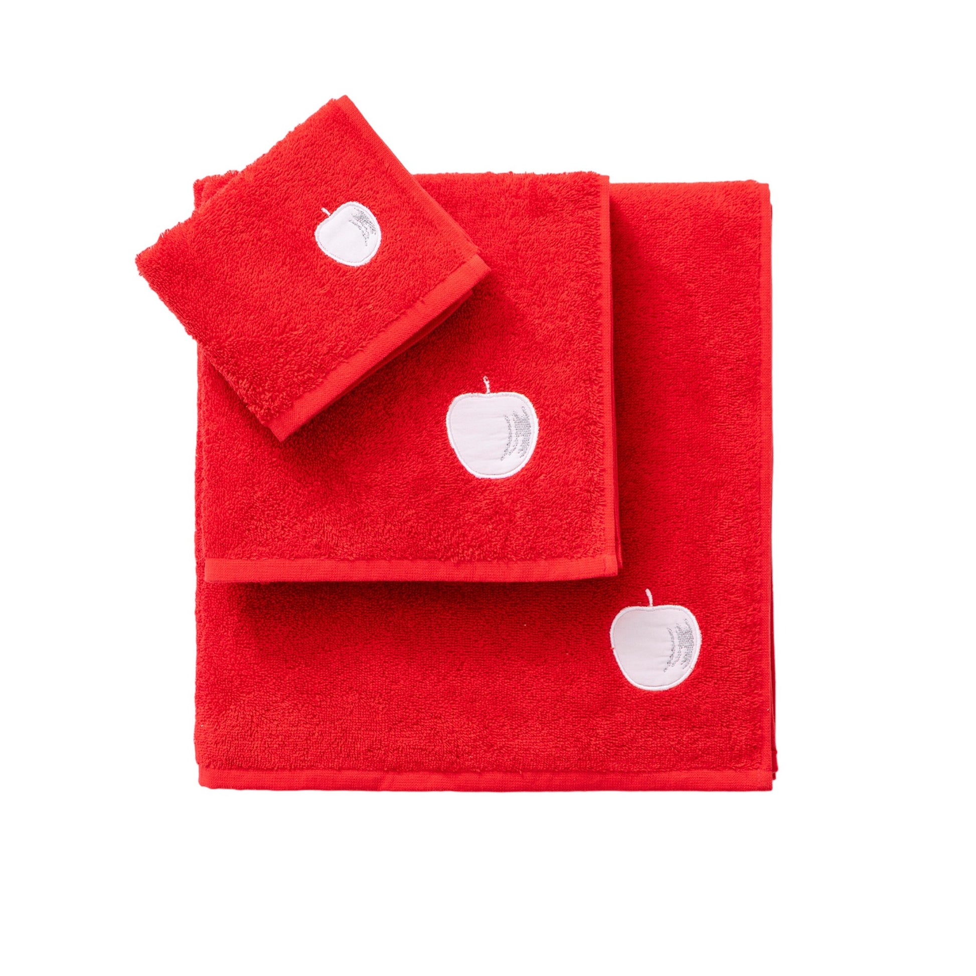 Set Toallas 3pcs: Toalla De Tocador (30x50cm) + Toalla De Manos (50x90cm) + Toalla De Baño (70x140cm) 450gsm 100%algodon Rojo Con Manzana Blanca Bene