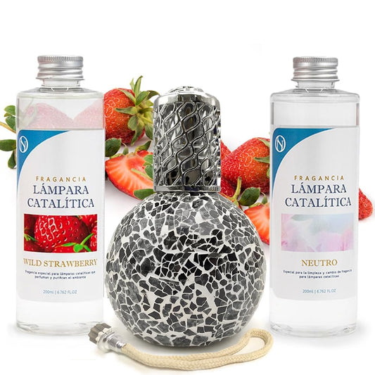 Pack Ahorro Lámpara Catalítica Mosaico Negro + Fragancia Wild Strawberry 500ml + Limpiador Neutro 200ml + Mecha Repuesto_0