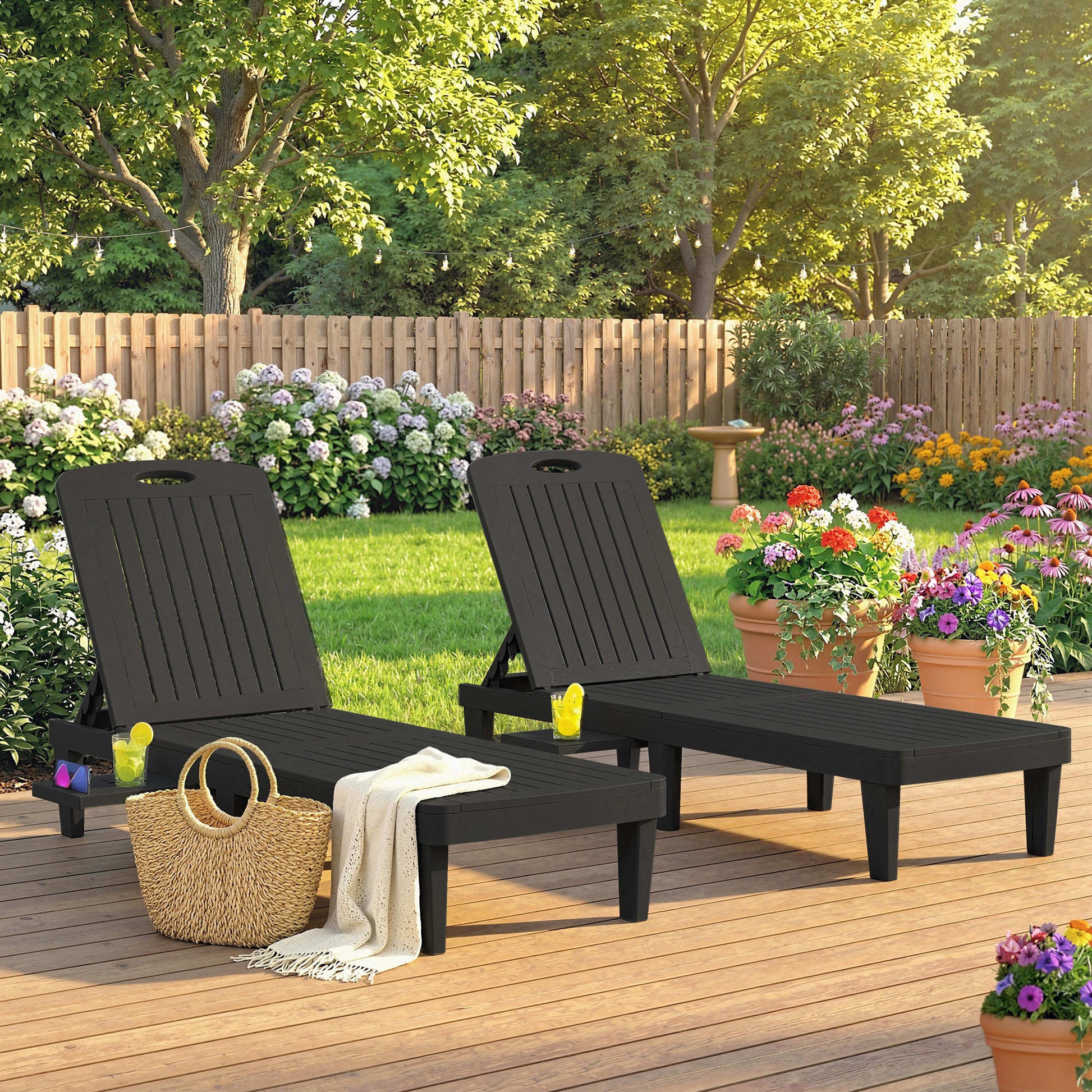 Outsunny Set De 2 Tumbonas De Jardín Exterior Reclinables Bandeja Lateral Negro_1