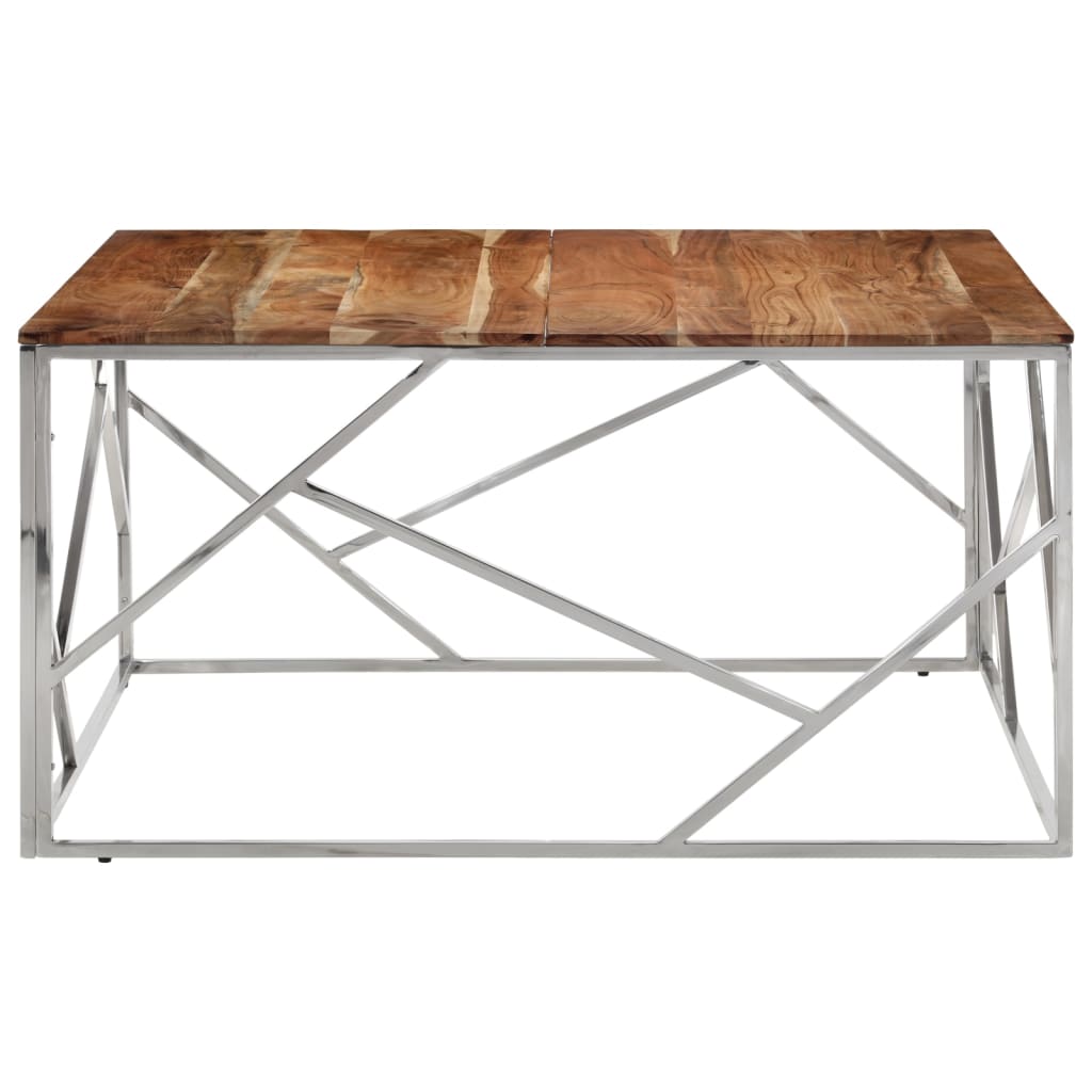 Mesa De Centro Acero Inoxidable Y Madera Maciza Acacia Plateado_1