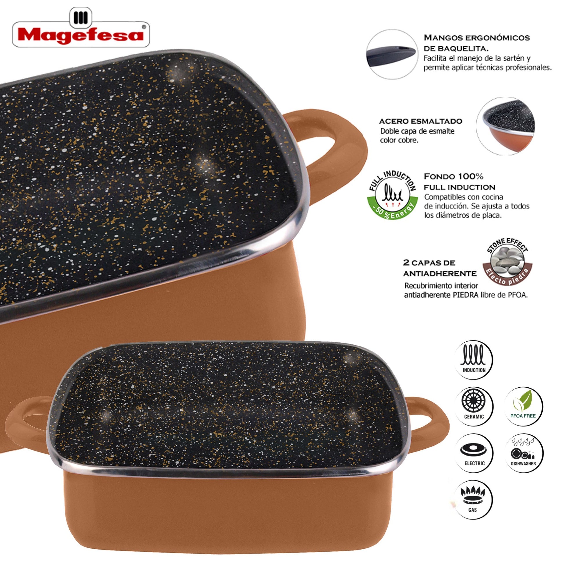 Magefesa Copper Tartera Cuadrada 27 Sin Tapa De Vidrio, Acero Esmaltado Vitrificado, En Cobre, Inducción Y Lavavajillas_3