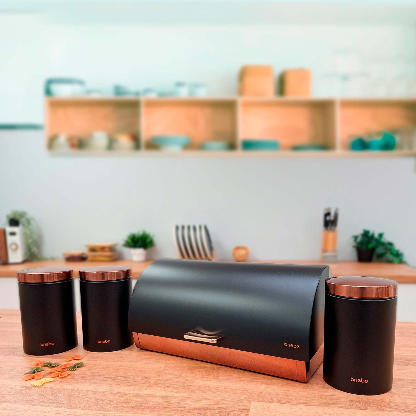 Panera De Mesa +juego 3 Botes Cocina Almacenaje Acero Inoxidable Contenedor De Pan Con Tapa, Briebe, Bb1161, Negro Mate/oro Rosa_2