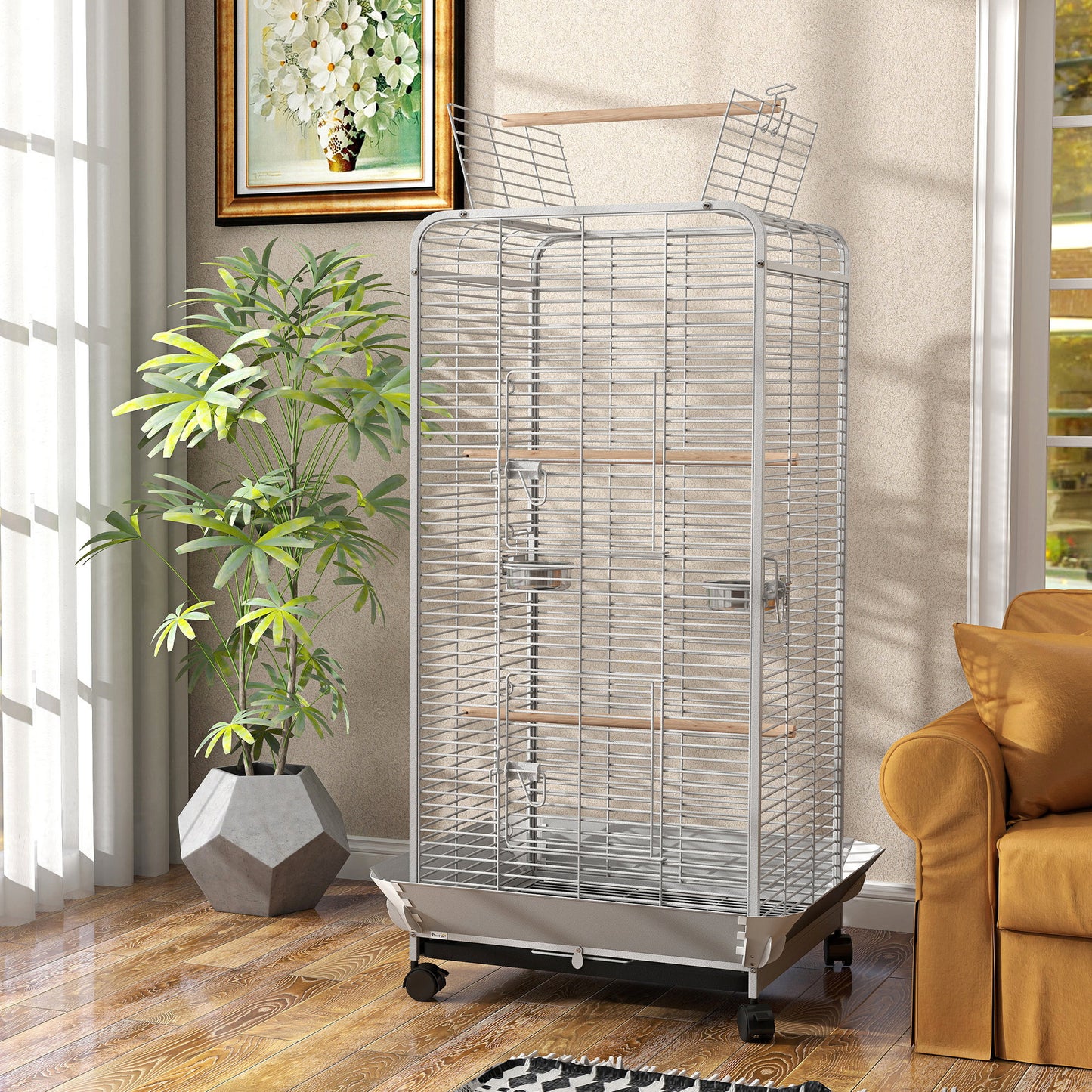 Pawhut Jaula Para Pájaros Con Ruedas Perchas 79x73x146 Cm Gris Claro_1