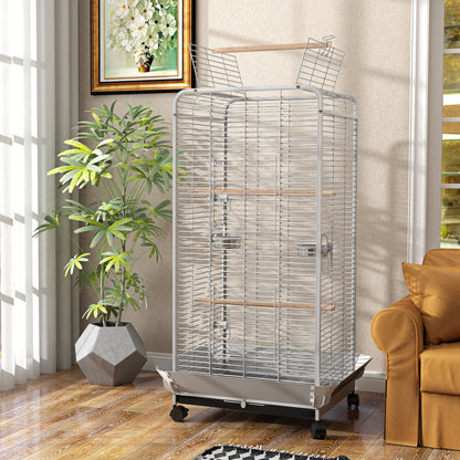 Pawhut Jaula Para Pájaros Con Ruedas Perchas 79x73x146 Cm Gris Claro_1