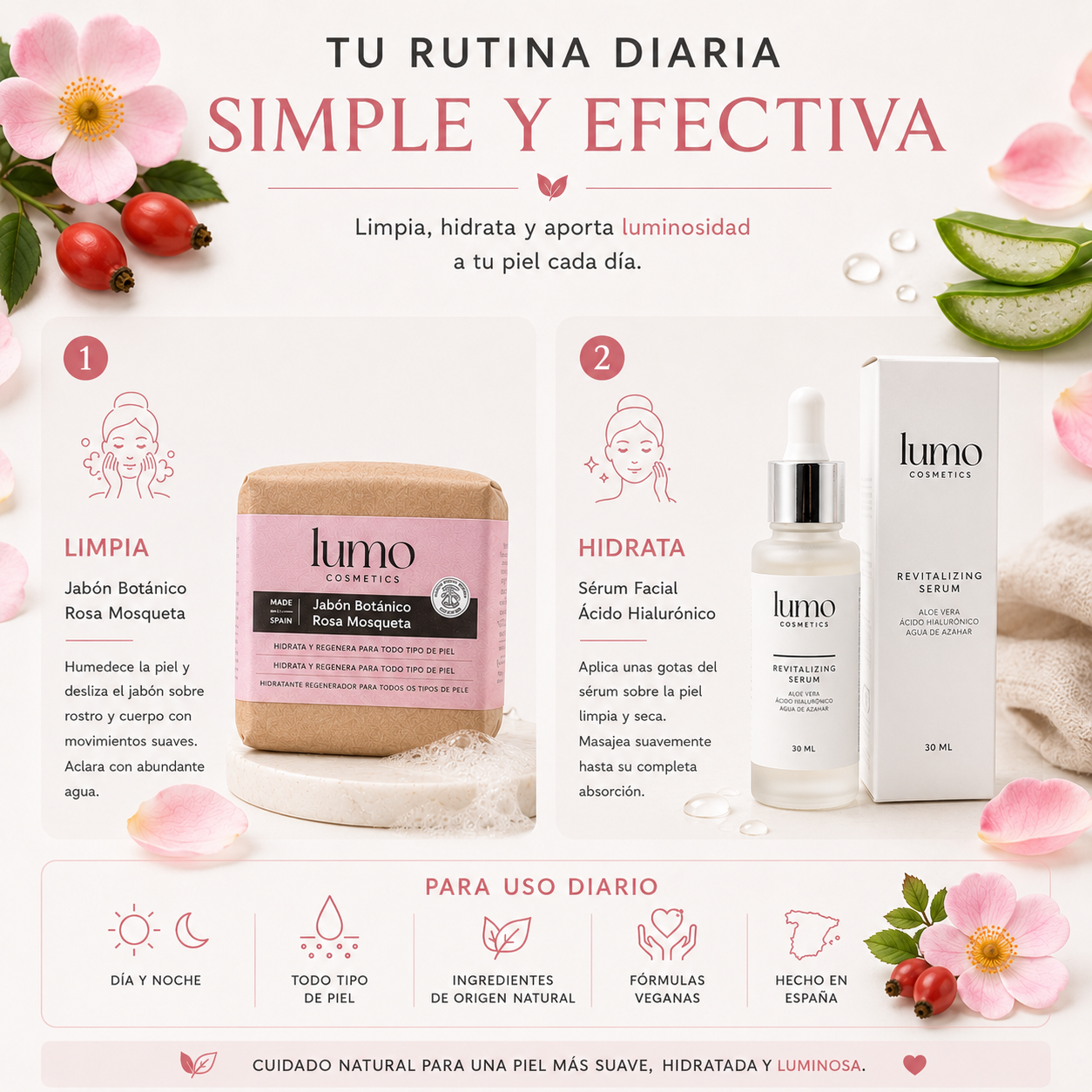Pack Luminosidad | Sérum Ácido Hialurónico + Jabón Rosa Mosqueta | Hidratación Facial y Corporal_3