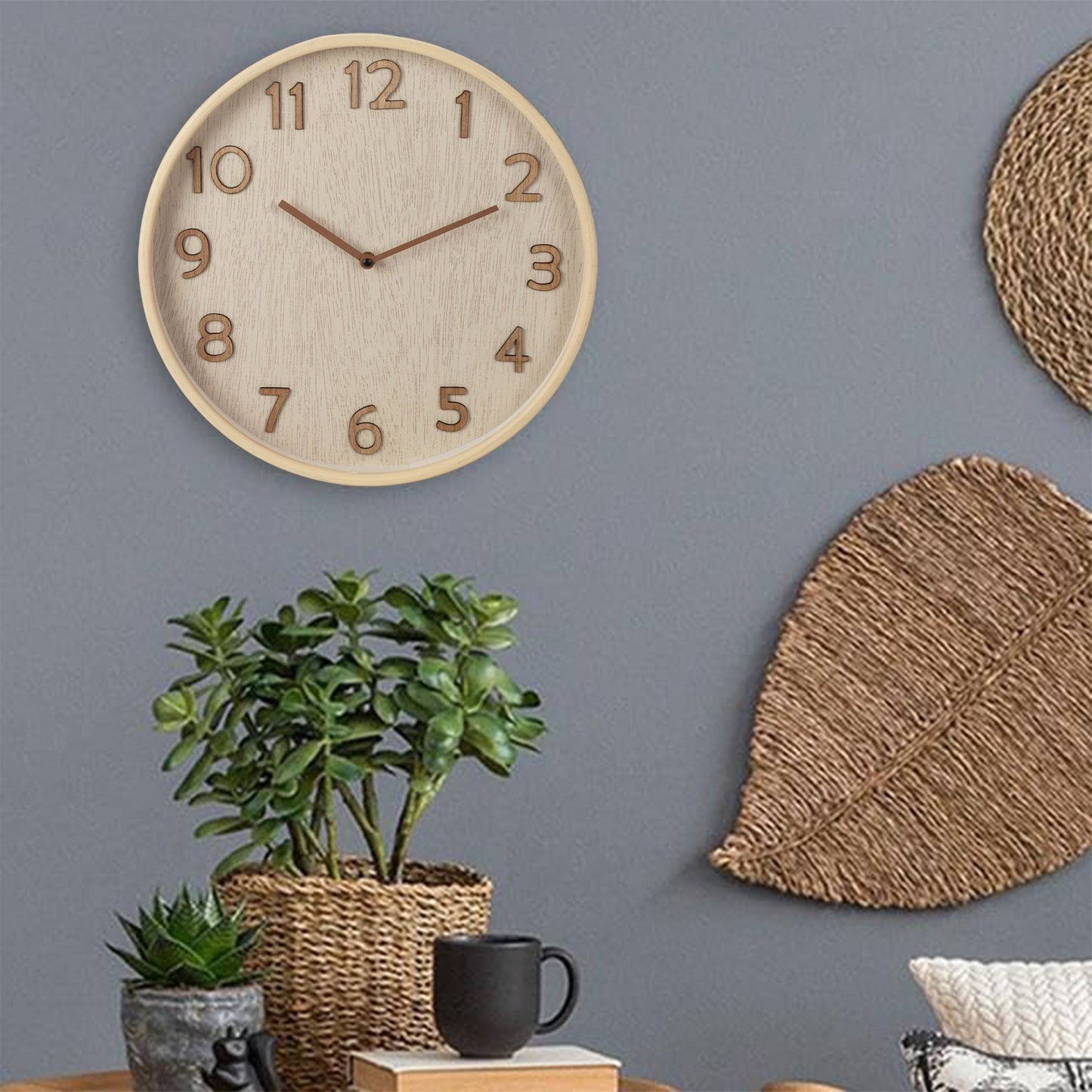 Well Home Reloj De Pared De Madera Aspecto Moderno Color Marrón Claro Ø38x5 Cm_3
