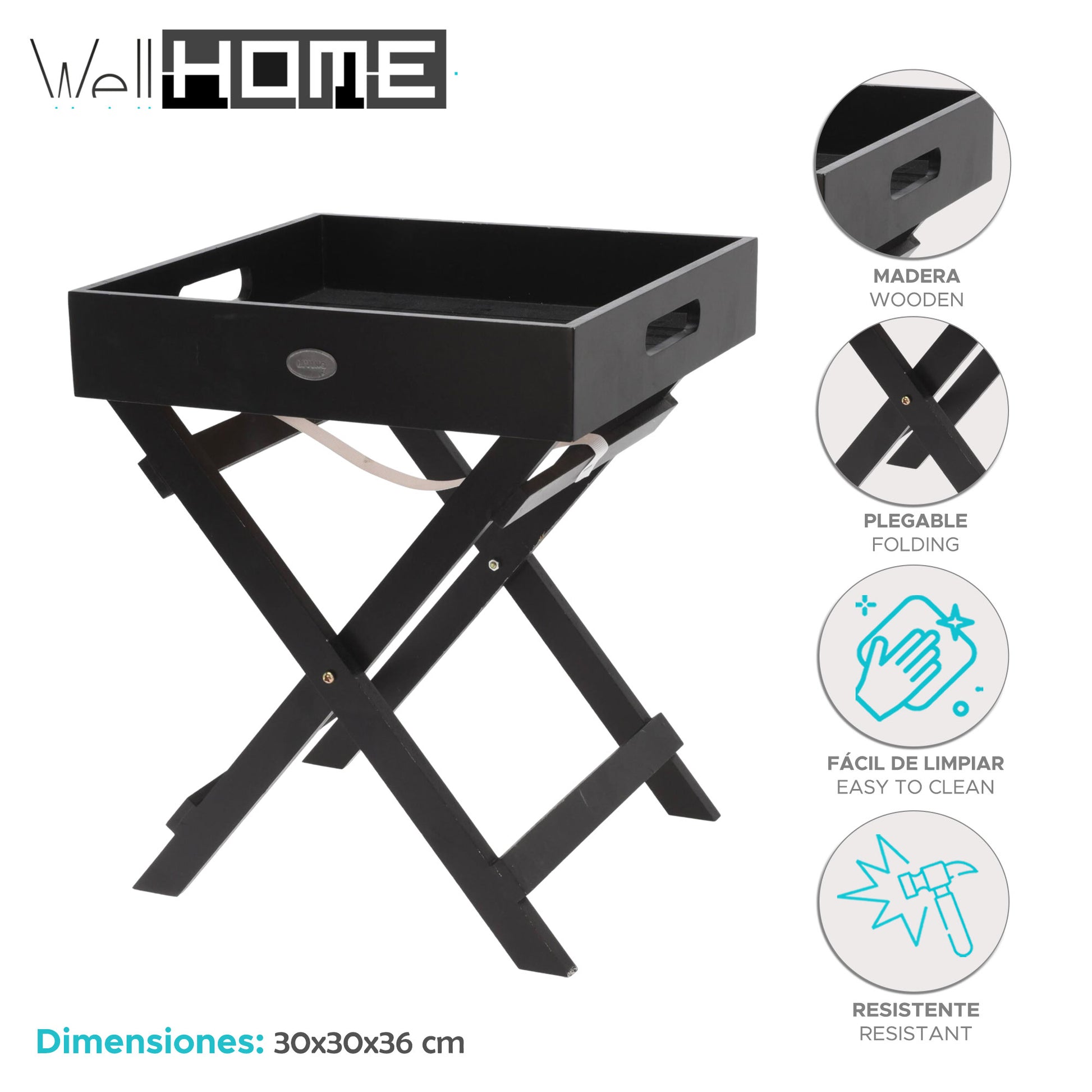 Well Home Bandeja Para Servir En Madera Con Patas Plegables Color Negro 30x30x36cm_1