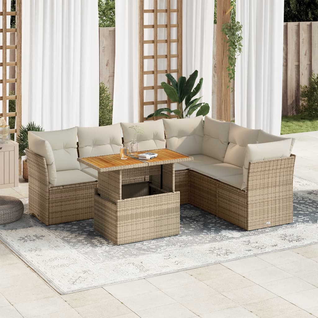 Set Sofás De Jardín 7 Piezas Y Cojines Ratán Sintético Beige / Vetonek_2