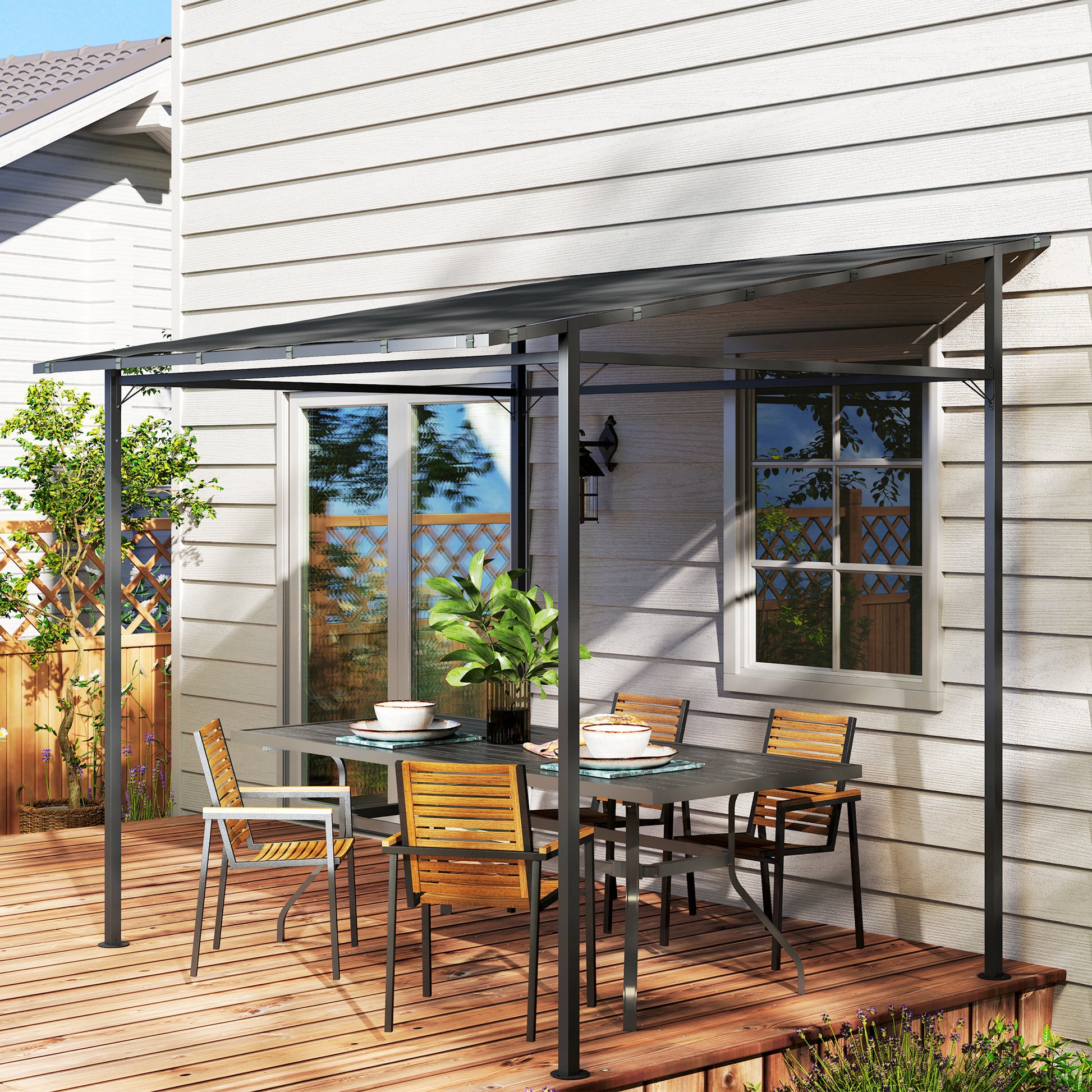 Outsunny Pérgola De Pared 2,4x2,4 M Con Techo Inclinado Protección Uv 30+ Gris_4