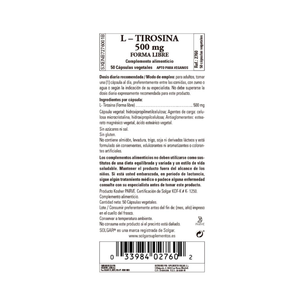 L-Tirosina, 50 cápsulas vegetais de 500mg