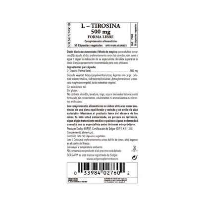 L-Tirosina, 50 cápsulas vegetais de 500mg