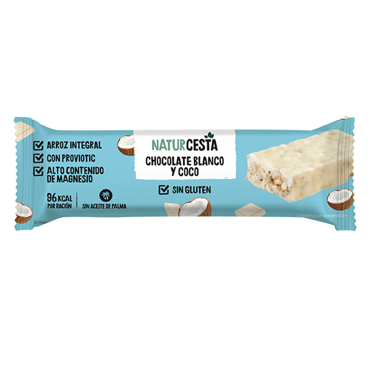 Barra de arroz com coco e chocolate branco sem glúten 18 g
