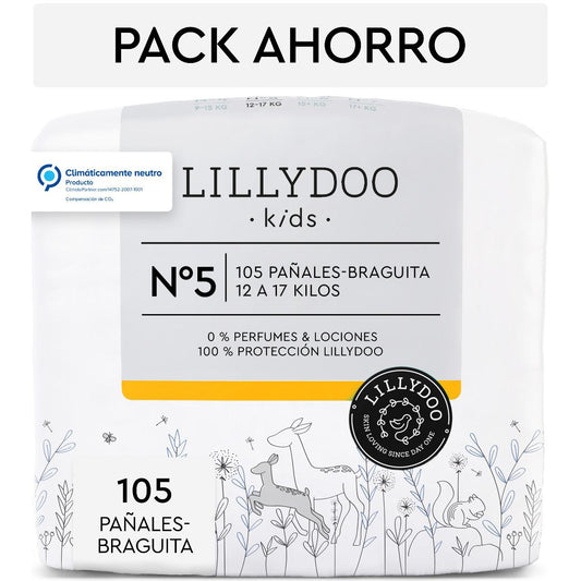 Pack económico de fraldas e cuecas Lillydoo, tamanho 5, 12-17 kg, 105 unidades 