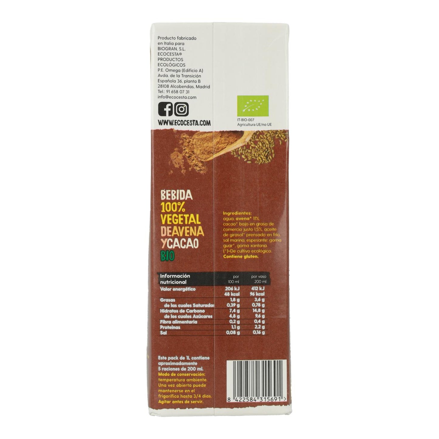Bebida de Aveia e Cacau Biológica, 1L Ecocesta