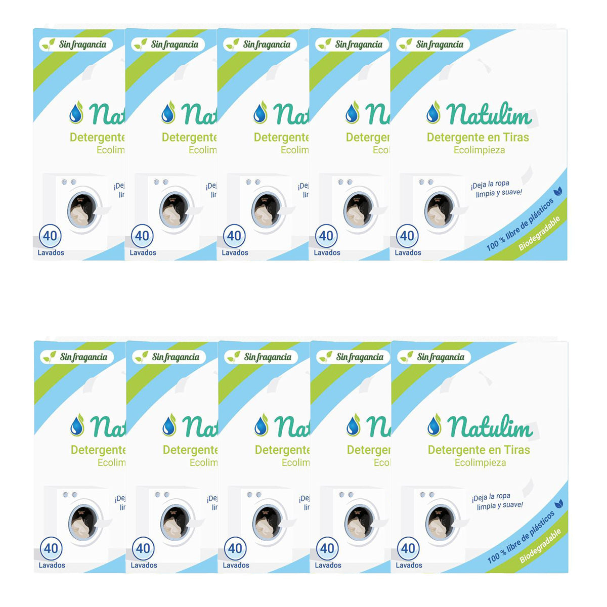 Embalagem de 10 tiras de lavagem Natulim Eco sem fragrância, 40 lavagens
