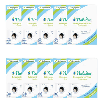 Embalagem de 10 tiras de lavagem Natulim Eco sem fragrância, 40 lavagens